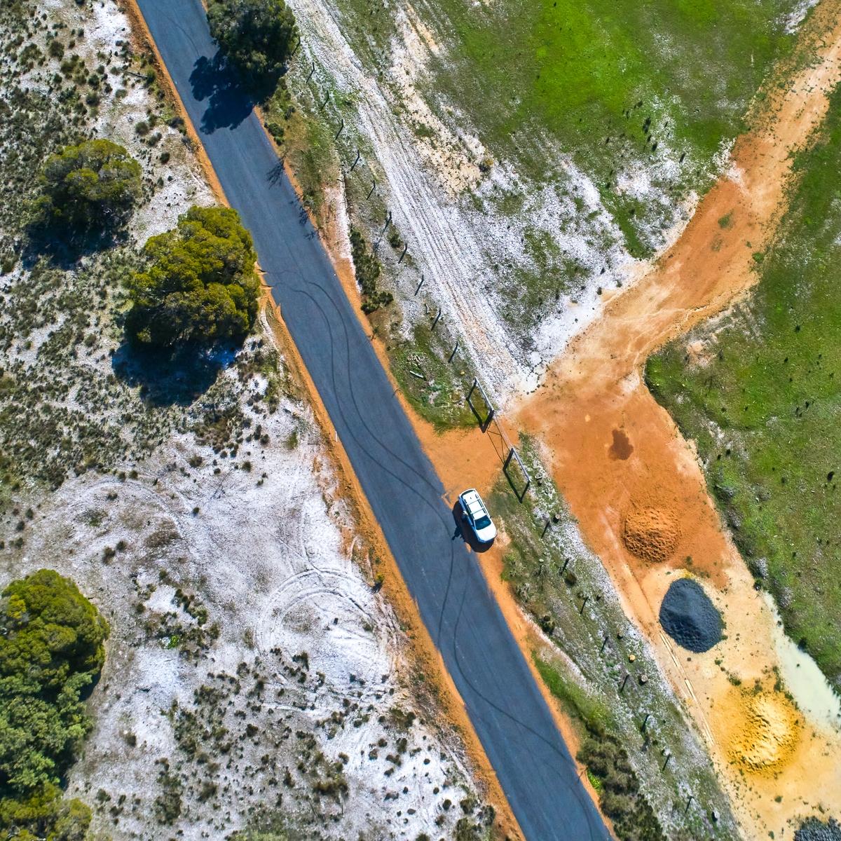 An aerial view of a car on the road in Collie Western Australia